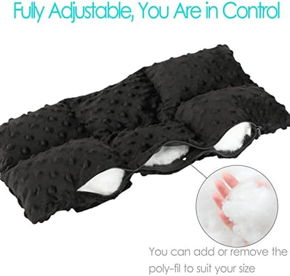 D. Cozy black minky dot car travel cushion demonstrating compact and portable size