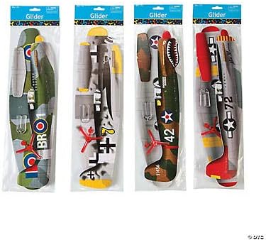 Individually wrapped historical toy fighter planes from Fun Express arranged in a bulk collection for party favors.