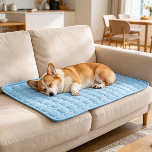 A pug resting comfortably on the blue Arc-Chill pet bed mat indoors