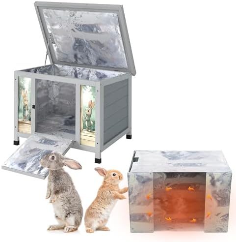 Coziwow 25" Insulated Cat House Bunny Hutch for Outdoor & Indoor Use - Solid Wood Rabbit Cage with Winter Warm Liner, Lightweight Weatherproof Shelter for Cats, Rabbits, Small Animals (Gray) - Image 3