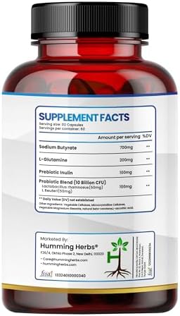 Humming Herbs gut health supplement packaging displaying 120 vegetarian capsules
