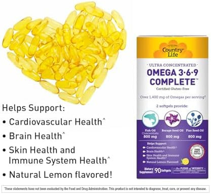 Side view of Country Life Omega 3 6 9 softgels bottle