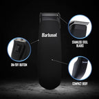 Barbasol precision hair clipper showcasing the three included guide combs in three, six, and ten millimetre sizes.