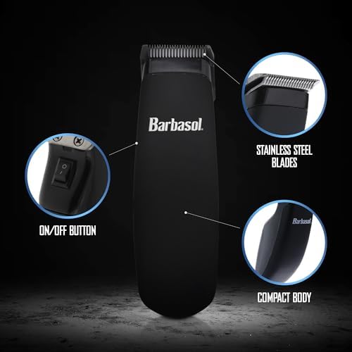 Barbasol precision hair clipper showcasing the three included guide combs in three, six, and ten millimetre sizes.
