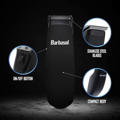 Barbasol precision hair clipper showcasing the three included guide combs in three, six, and ten millimetre sizes.