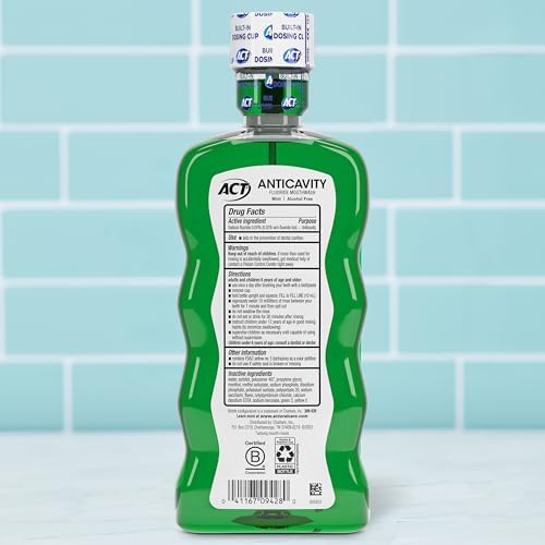 Back label of ACT enamel strengthening mouthwash highlighting directions and sodium fluoride benefits