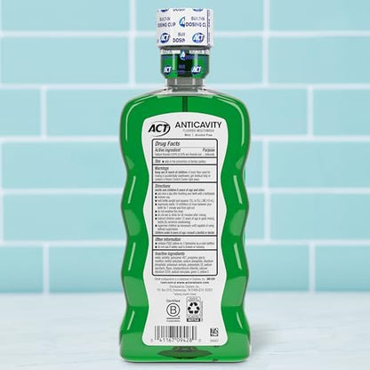Back label of ACT enamel strengthening mouthwash highlighting directions and sodium fluoride benefits