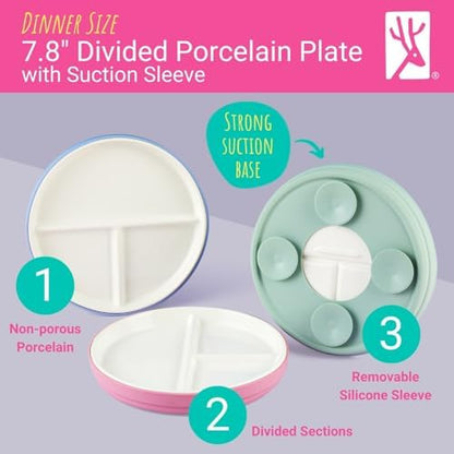 Side view of Elk and Friends porcelain toddler plate with silicone suction sleeve