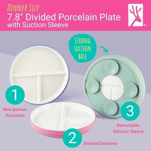 Side view of Elk and Friends porcelain toddler plate with silicone suction sleeve