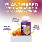 Side profile of 120 count vegan omega gummy bottle highlighting plant-based benefits