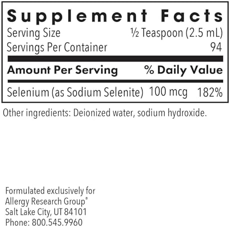 Hypoallergenic sodium selenite liquid dietary supplement bottle showing nutrition facts and ingredient list.