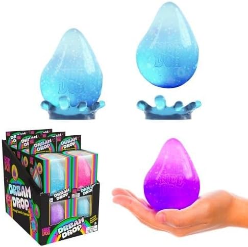 A hand squeezing the sparkle-filled teardrop sensory toy to demonstrate its flexible texture.