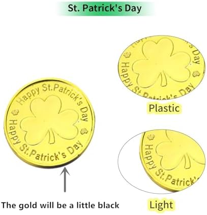 Close up of Oisinlas plastic gold coins showcasing the embossed lucky clover and shamrock design.