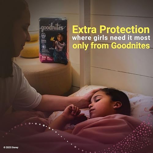 Goodnites overnight bedtime pants for girls showing the stretchy side panels and gap free leg bands