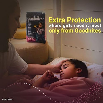 Goodnites overnight bedtime pants for girls showing the stretchy side panels and gap free leg bands