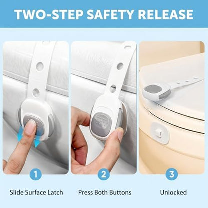 ZENTIVOR baby proof toilet lock holding a bathroom lid tightly closed while a toddler tries to pull it open.
