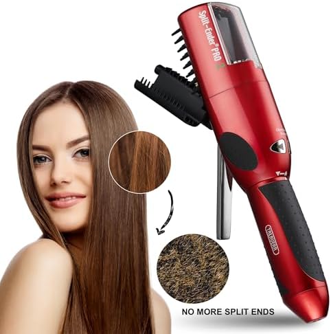 Split-Ender Pro 2 red automatic hair trimmer showing patented clear window hair guard