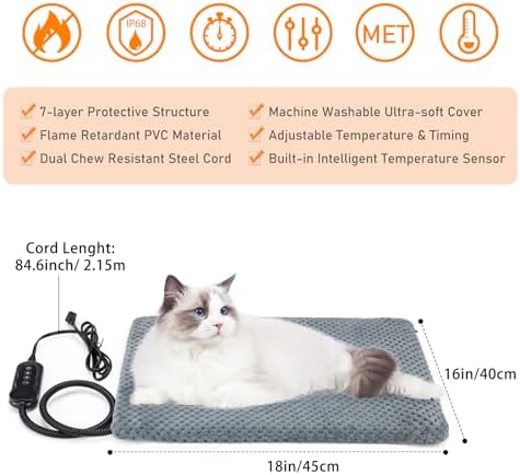 INVENHO Heated Cat Bed, Waterproof Adjustable Temperature Dog Cat Heating Pad with Timer, Indoor Pet Heating Pad for Cats Dogs Electric Pads for Dogs Cats, Pet Heated Pad (S: 18" x 16") - Image 6
