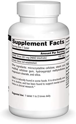 Source Naturals Dimethylaminoethanol Bitartrate bottle side view with nutritional facts and 351mg dosage