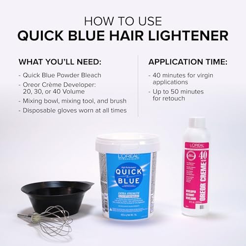 L'Oreal Quick Blue 1 Pound tub showing instructions and product properties