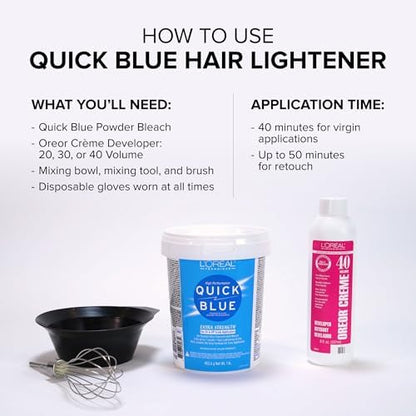 L'Oreal Quick Blue 1 Pound tub showing instructions and product properties