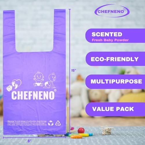 Purple scented diaper disposal bags with easy tie handles shown individually