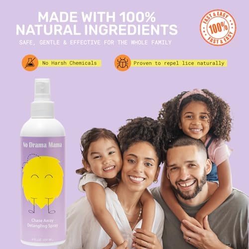 Lice Mamas yellow character bottle of Chase Away hair spray for families.