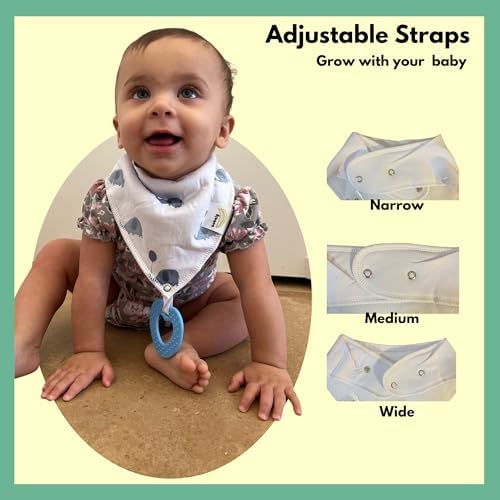Baby wearing soft cotton bandana bib with teething toy