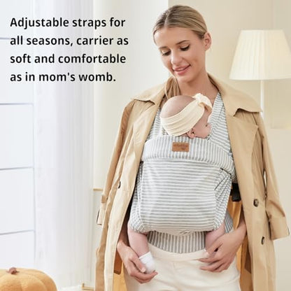 Father wearing the vrbabies front chest sling demonstrating the ergonomic X-shaped back straps.
