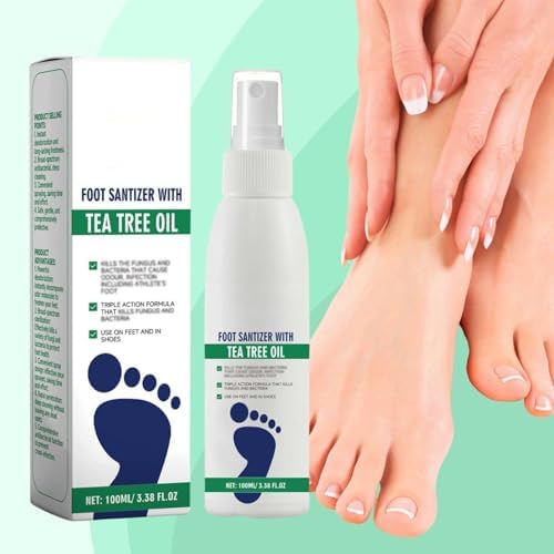 Tea tree oil foot and shoe spray bottle showing botanical ingredients.