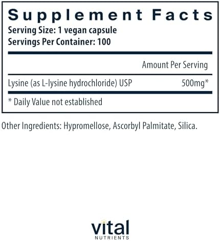 Vital Nutrients Lysine supplement bottle back view supplement facts