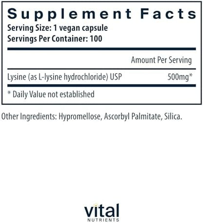 Vital Nutrients Lysine supplement facts label