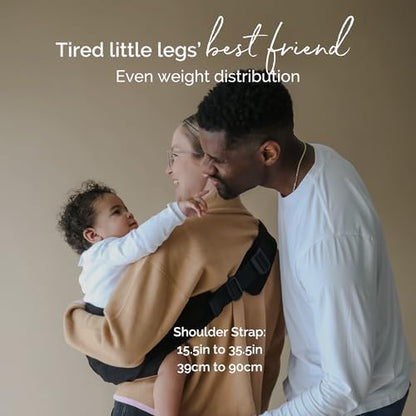 Black cotton baby wearing side sling showcasing the spacious ergonomic toddler seat portion.