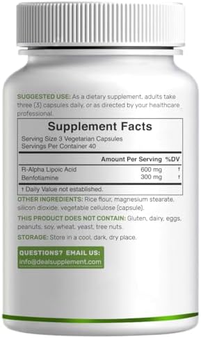 Deal Supplement R-Alpha Lipoic Acid and Benfotiamine supplement facts label displaying premium ingredient dosages.
