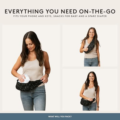 Tula Lite ergonomic carrier folded inside the integrated hip pouch for travel.