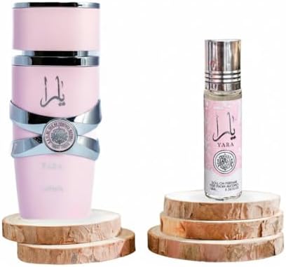 Lattafa Yara ten milliliter concentrated perfume oil bottle for women displayed next to its original gift box packaging