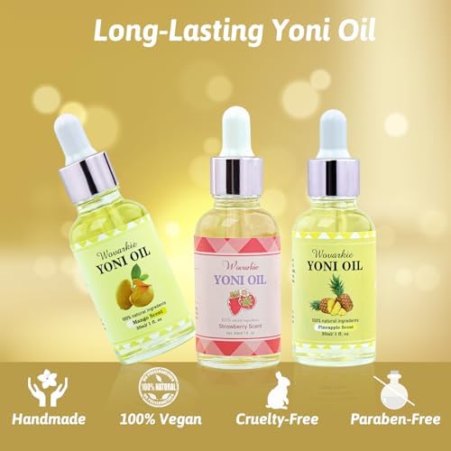 Close up of Wovarkie Yoni Oil dropper bottle showing the clear botanical formula.