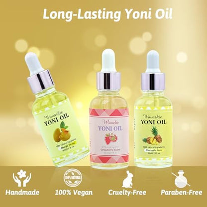 Close up of Wovarkie Yoni Oil dropper bottle showing the clear botanical formula.