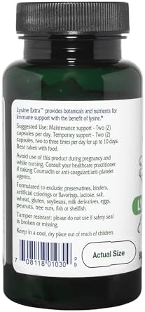 Side view of Vitanica Lysine Extra container highlighting vegan capsule count