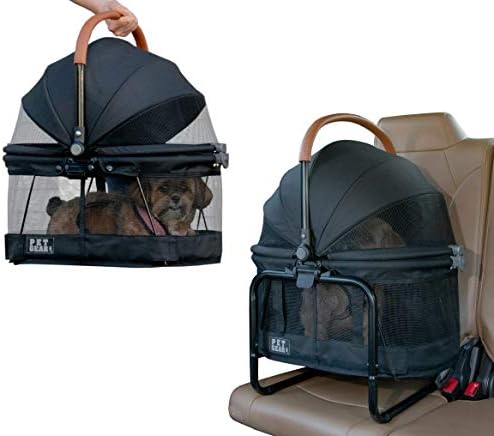 Pet Gear View 360 booster seat frame installed on a car seat with seat belt
