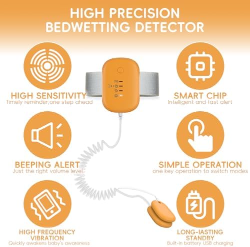 Rechargeable bedwetting alarm with USB cable and sensor clip.