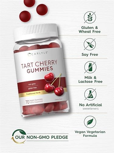 Carlyle Tart Cherry Gummies close up view of chewable fruit extract gummies.