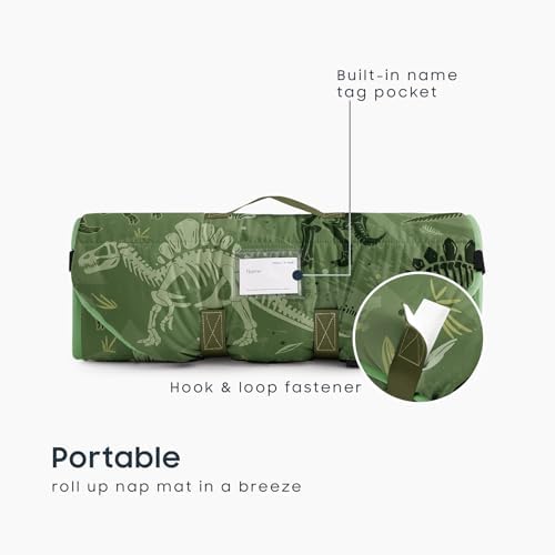 Wake In Cloud kids premium bedding rolled up compactly showing the carrying handle and name tag pocket.