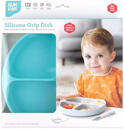 Bumkins silicone suction dish showing microwave safe label