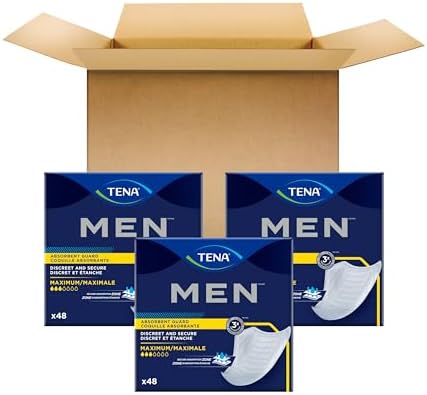 Individually wrapped TENA Men maximum absorbency disposable pads displaying discreet pocket-sized packaging.