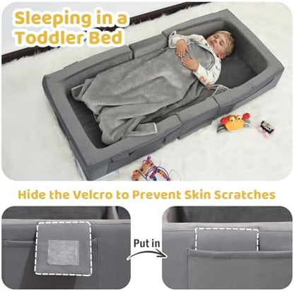 Compact folded view of the lightweight grey toddler mattress ready for transport.