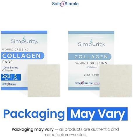 Simpurity non adherent bovine collagen sponge two by two inch square showing individual sterile packaging.