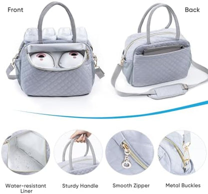 Gray quilted breastmilk storage bag with included ice pack