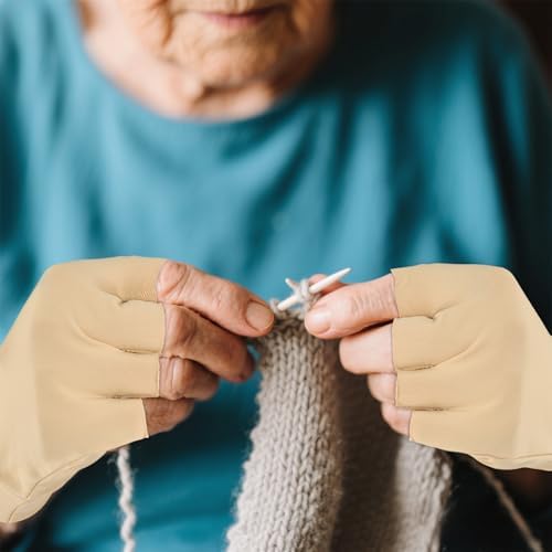 Side profile of skin-tone fingerless glove showing snug wrist fit.