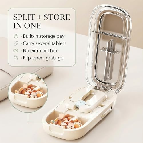 Echu portable medication divider open showing the concealed stainless steel blade and V-shaped pill holder.